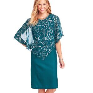 NEW Teal Plus Sz 3X Church Office Knee Length Popover Dress with Sheer Cape